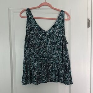 LOFT Teal and Black Patterned sleeveless swing top